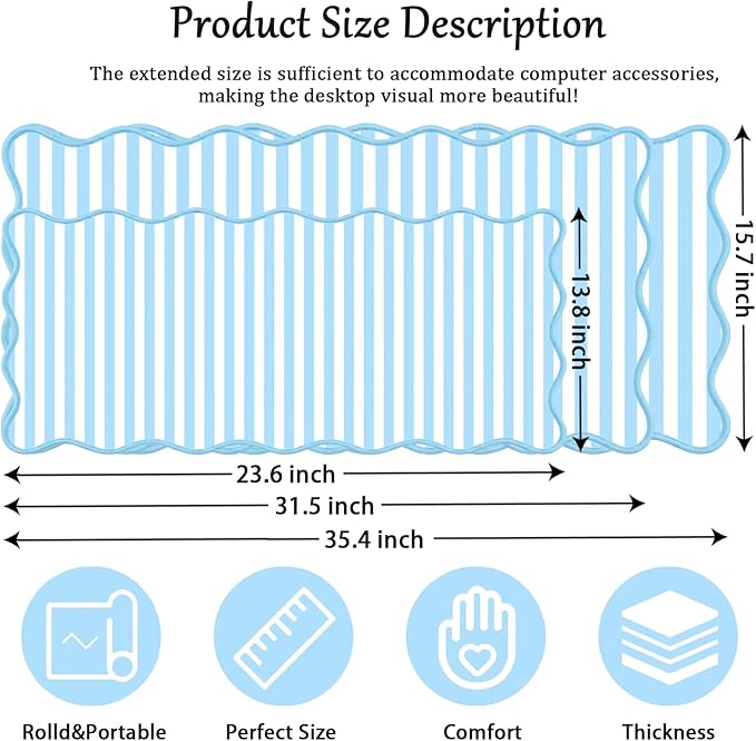 Scalloped Desk Mat Extended Large Cute Striped Mouse Pad Big Desk Pad XXL Aesthetic Stripe Mousepad Gaming Mouse Pad for Keyboard Computer Laptop Home Office Accessories 31.5X15.7Inches Blue White