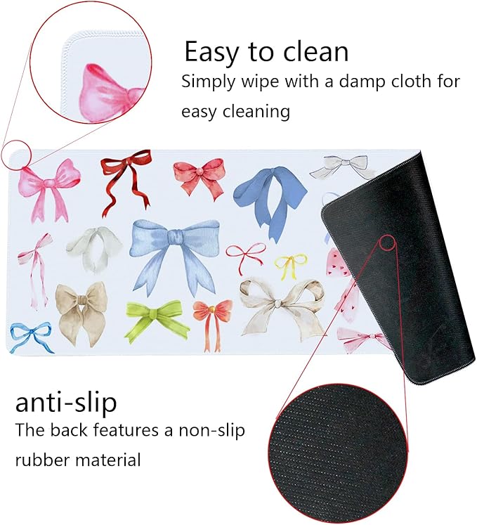 Kawaii Bow Mouse Pad, Girly Coquette Bow XL Large Mouse Pad, Girls Preppy Trendy Laptop Desk Mat for Girly Room Dorm Home Office, Colorful Bows Gifts for Teen Girls,31.5x11.8