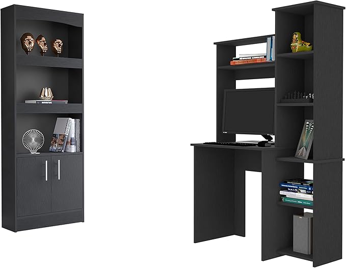 2 Piece Office Desk Set: Modern Computer Desk with Bookshelf - Dark Gray Wood Home Office Furniture for Content Creators & Remote Work Spaces