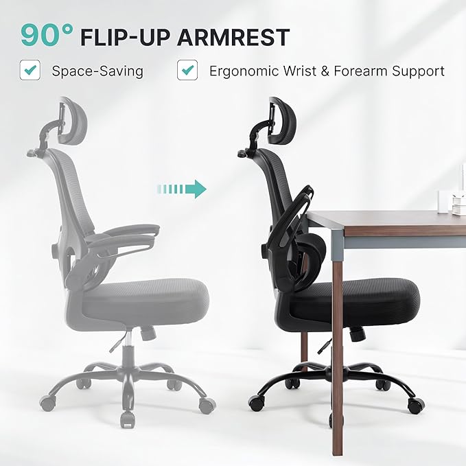 Ergonomic Mesh Office Chair,330LB Capacity High Back Desk Chair with Adjustable Lumbar Support, Adjustable Headrest & Flip-Up Arms,Breathable Computer Chair for Home Office,Work & Study,2pcs