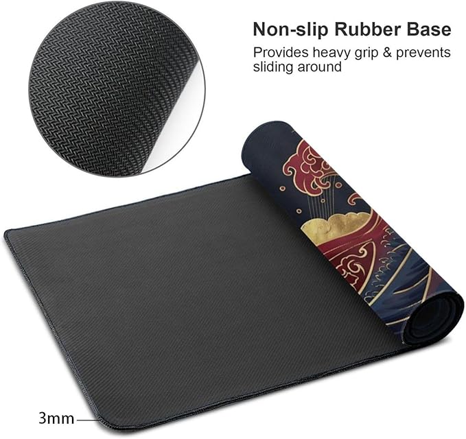 48x24in Large Gaming Mouse Pad, Traditional Japanese Wave Extended Desk Mat, Non-Slip Waterproof Keyboard Pad with Gold Accents for Home Office Gaming