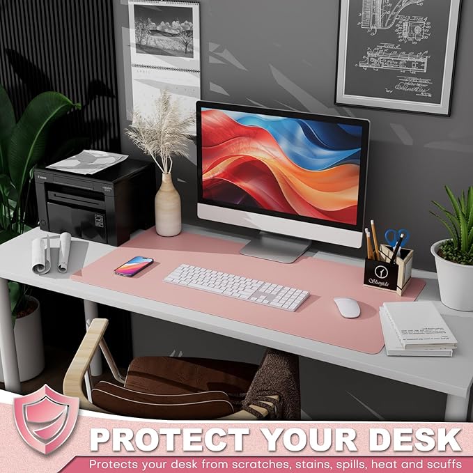 K KNODEL Leather Desk Pad Protector, Office Desk Mat, Large PVC Leather Desk Blotter, Non-Slip Mouse Pad (Pink, 15.7" x 31.5")