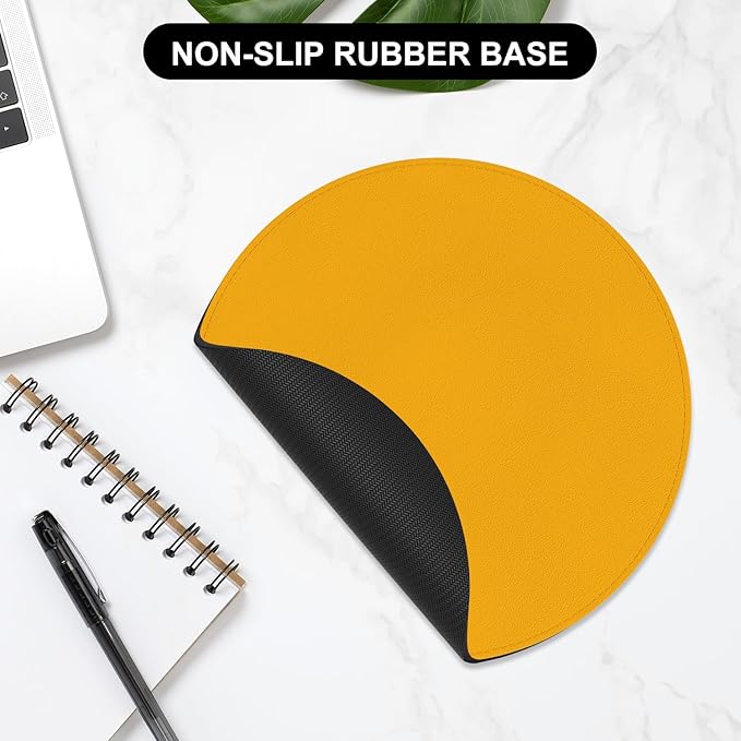 Leather Mouse Pad, Office Mouse Mat Non-Slip Rubber Base Stitched Edge Washable Waterproof Round Mousepad for Office Gaming PC Laptop, Round Diameter 8.7 inches, Apricot Yellow