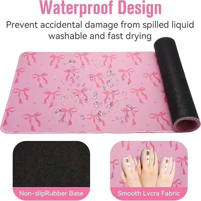 Large Gaming Mouse Pad 31.5 x 11.8in Desk Mat for Office Mousepad Anti-Skid Rubber Base Soft Comfortable and Durable Desk Pad (Pink Bow)