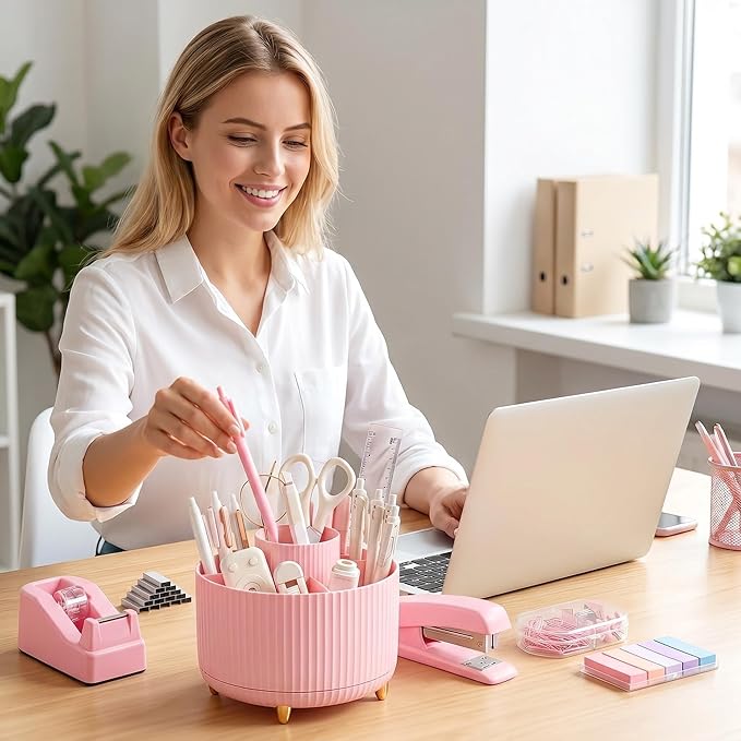 Office Supplies Set Rotating Pen Holder for Desk with Stapler Staple Remover Tape Dispenser,2pcs Tape Refills, Binder Paper Clips Kit, Scissor,Pen Ruler & Sticky Tabs,Pink Office School Supplies(Pink)
