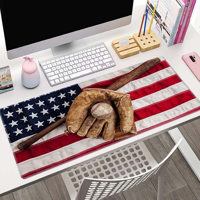 Old Baseball with USA American Flag Desk Pad Mouse Pad,Large Gaming Mouse Mat with Stitched Edges,Non-Slip Waterproof Rubber Base Mous Mat for Office Computer Keyboard Laptop Home(31.5X11.8 in)