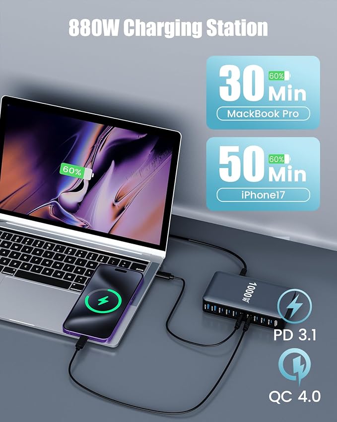 USB C Charger 880W USB C Charger Block,Upgraded GaN IV 10-Port Charging Station Hub,Travel Essentials 140W Fast Charging Laptop Adapter for MacBook Pro/Air,DELL,Steam Deck,iPhone 17/16,Galaxy S25/24