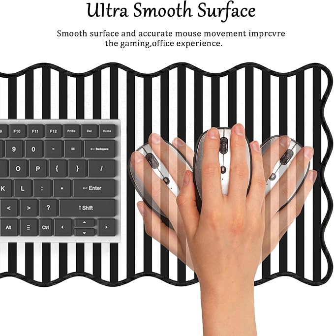 Scalloped Desk Mat Extended Large Cute Striped Mouse Pad Big Desk Pad XXL Aesthetic Stripe Mousepad Gaming Mouse Pad for Keyboard Computer Laptop Home Office Accessories 35.4X15.7Inches Black White