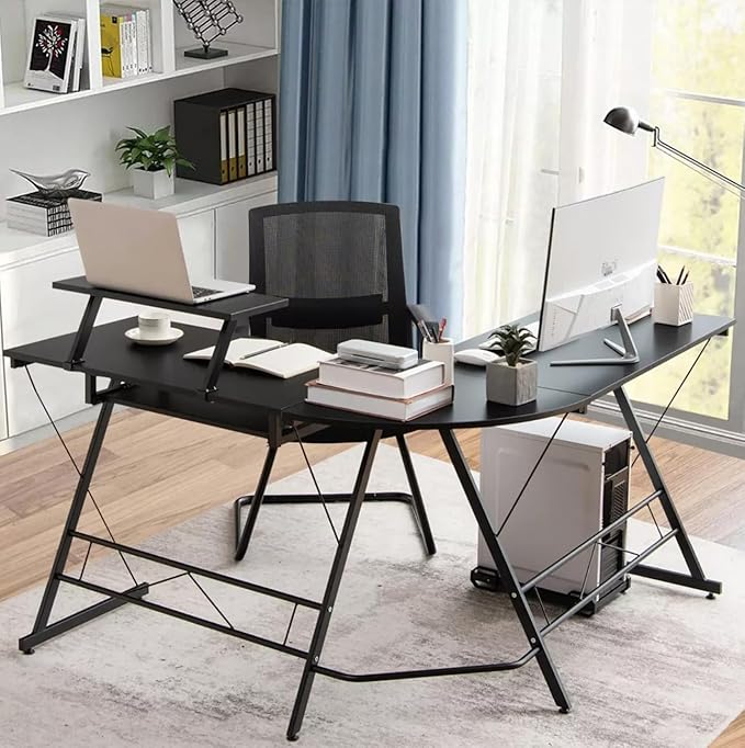 Office Gaming Corner Desk with Keyboard Tray and CPU Stand,Glass L Shaped Computer Home Desk,3-Piece PC Laptop Study Writing Workstation Table by XXFBag - Black
