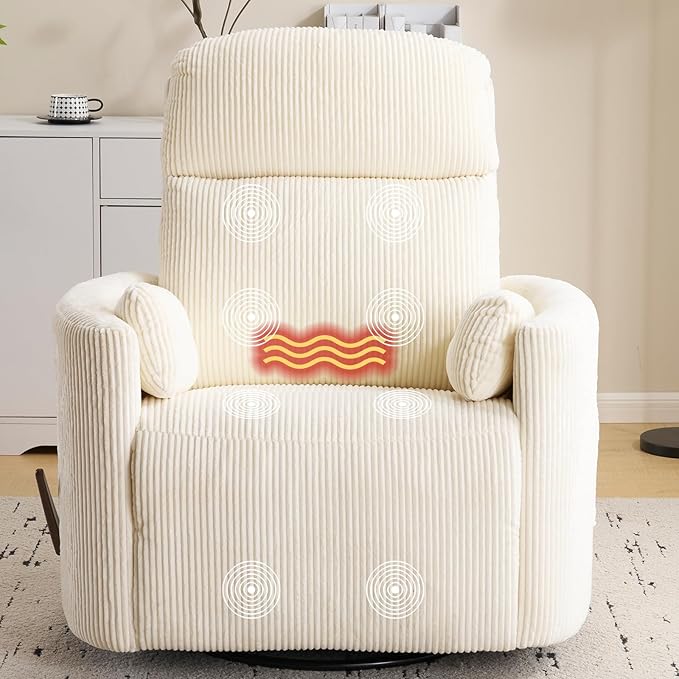Oversized Swivel Rocker Recliner with Massage and Heat, Swivel Nursery Recliner with Adjustable Headrest, Manual Rocker Recliner Chair with Two Removable Pillows, Rocking Nursery Chair,Corduroy Beige