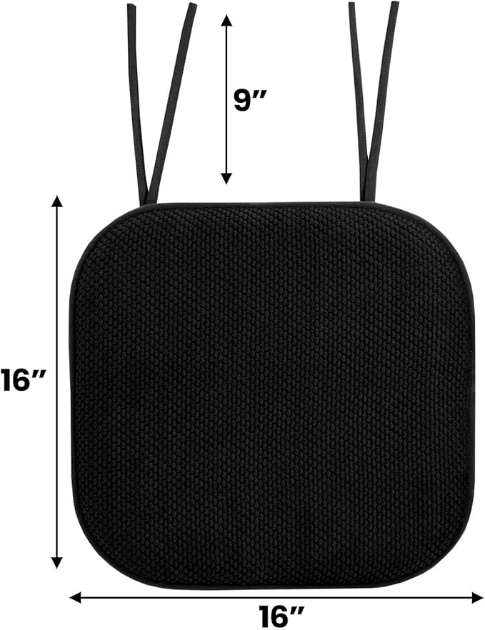 Sweet Home Collection Chair Cushion Memory Foam Pads with Ties Honeycomb Pattern Slip Non Skid Rubber Back Rounded Square 16" x 16" Seat Cover, 4 Pack, Black 4 Pack