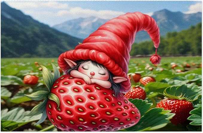 Placemats Set of 4 Heat-Resistant Rectangle Place Mats Strawberry Elf Washable Plastic PVC Dining Table Mat Non-Slip Wipeable Woven Vinyl Placemat for Kitchen Patio Table Decor