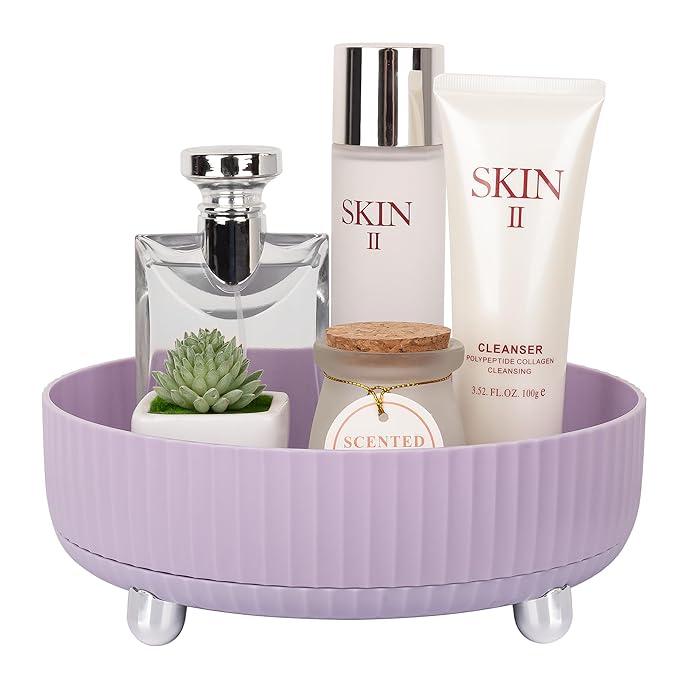 Anyoifax Makeup Perfume Organizer Tray 360 Degree Rotating Lazy Susan Skincare Lotion Organizer Spinning Cosmetics Storage for Dresser, Vanity, Bathroom Countertop, Small Purple