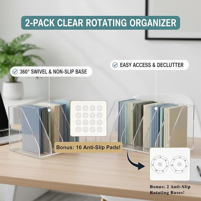 2 Pcs Rotating Acrylic Book Organizer, 360° Spinning 6 Compartments Desktop Magazine File Holder, Vertical Storage for Books, Binders, Notebooks & Magazines, Clear Desk Organizer for Home Office