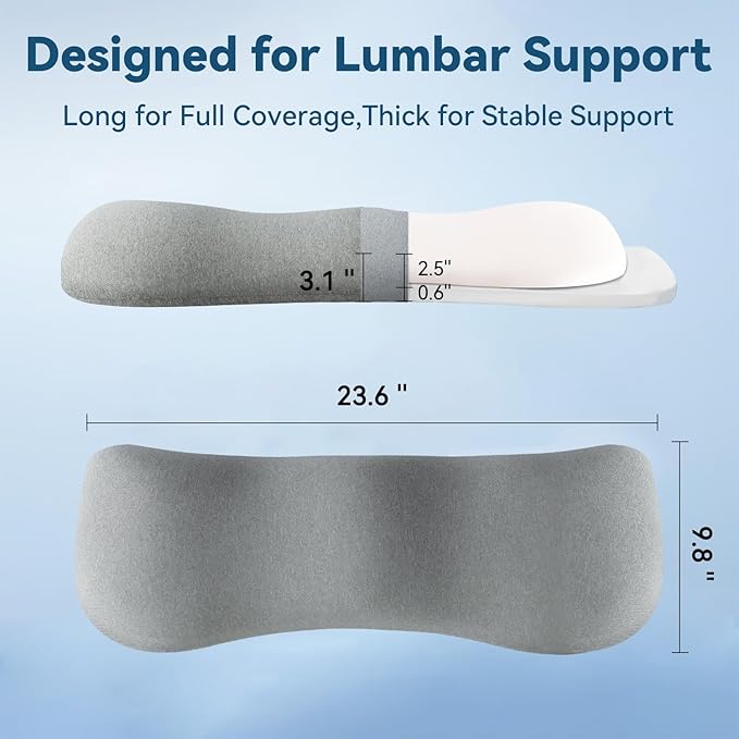 Adjustable Height Lumbar Support Pillow for Sleeping, Ergonomic Contour Lower Back Pillow for Bed with Breathable Washable Cover, Spine Alignment & Sleep Comfort, Grey