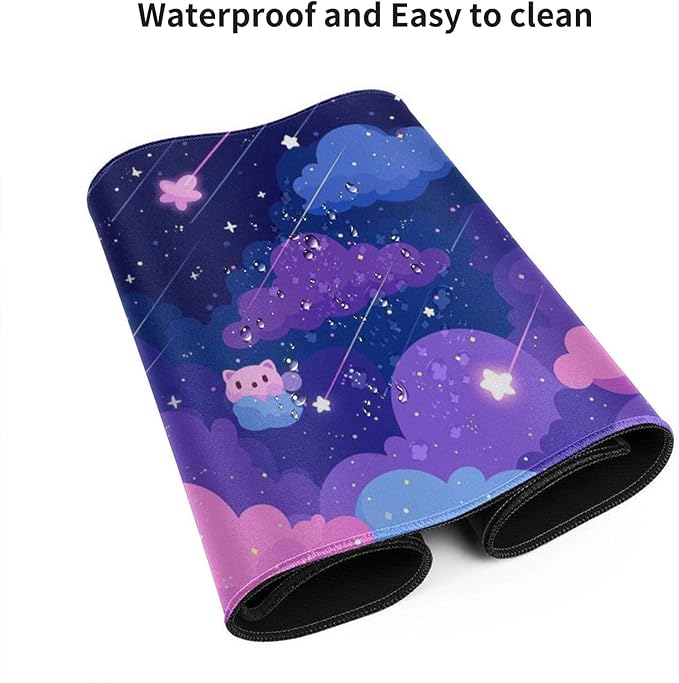 Extra Large Mouse Pad 48x24 Inch, Cute Cartoon Cat Starry Sky Desk Mat with Non-Slip Base, Purple Mousepad for Gaming Office, Soft Keyboard Mat for Full Desk Coverage