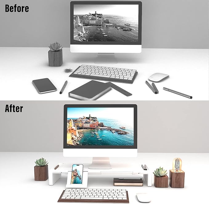 OImaster Monitor Stand Riser with Drawer - Adjustable Foldable Computer Monitor Stand for Desk, Desktop Organizer with Phone Holder & Pen Slot, Space Saving Laptop Riser for Home Office, White