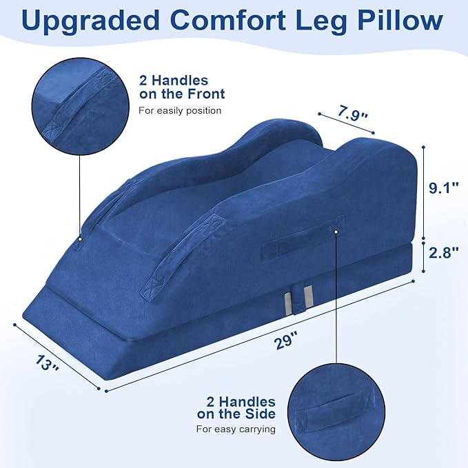 KingPavonini Adjustable Leg Elevation Pillows for After Surgery, Ergonomic Curve Keeps Knee Straight, Memory Foam Leg Pillow Elevation for Blood Circulation, Swelling and Pain Relief (Blue)