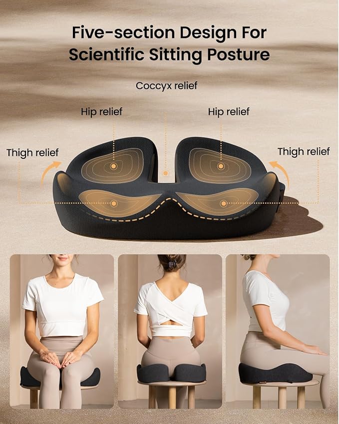 ProtoArc Seat Cushion, Office Chair Cushion for Sciatica, Coccyx Cushion, Ergonomic Memory Foam Seat Cushion for Car, Home, Pressure Relief Pad for Hip, Tailbone, All Day Comfort - Black