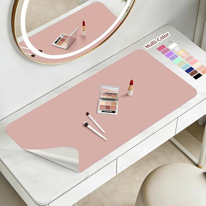 Makeup Mat for Vanity to Protect Desk Top 15.7 x 11.8in, Dual-Sided Makeup Mat, Easy to Clean Desk Pad - Waterproof and Oilproof Vanity Accessories (Pink and Silver)