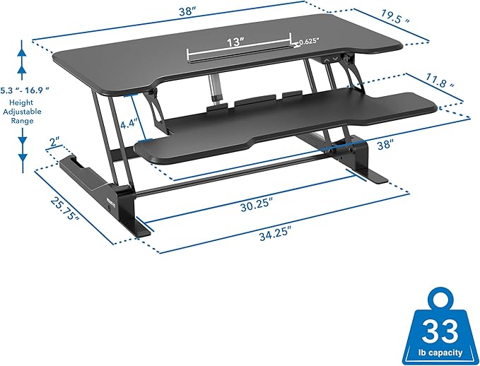 Mount-It! Electric Standing Desk Converter with 38" Tabletop, Height Adjustable Sit Stand Desk Riser, Motorized Desk Riser with Keyboard Tray and Device Slot, Fits Monitor & Laptop, Black