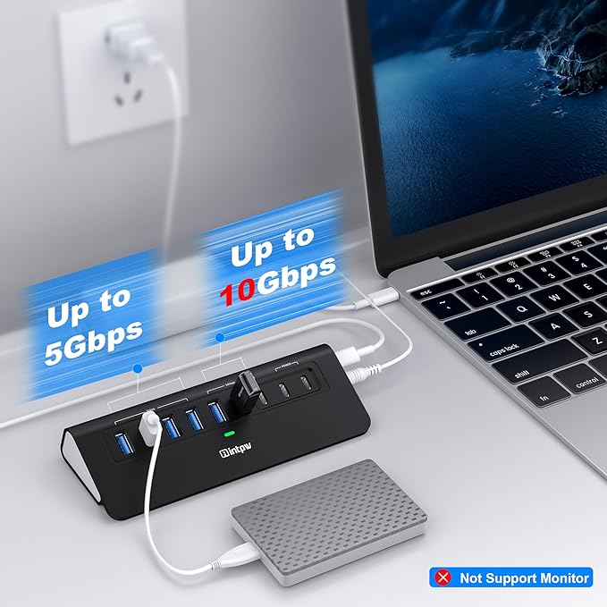 Powered USB Hub 10Gbps, intpw YH6AC 9-Port USB HUB with USB A/USB C 3.2, 4 USB 3.0, 2 PD 45W Charging Port, 65W Power Adapter + 4.92FT Cable, Aluminum USB Hub for Laptop, PC,iPhone 17/16