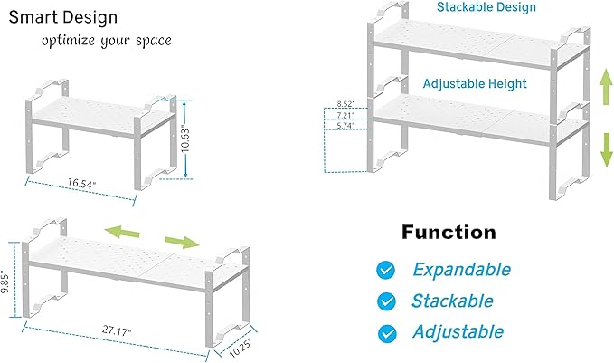 Jojocross Expandable Shelf for Cabinet Organizer Adjustable Stackable Spice Rack at Kitchen and Bathroom More, Counter Countertop Cupboard Organization Pantry Storage (1 Pack/White, Large)