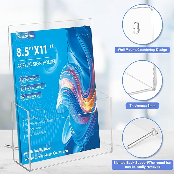 Acrylic Sign Holder 8.5x11 [4 Pack] - Clear Trifold Brochure Rack with Detachable Magnetic Rod, Wall Mount & Desktop Display Stand for Flyers, Menus, Posters