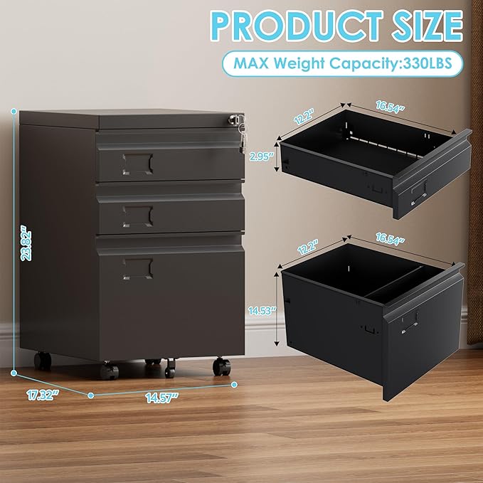 SUXXAN 3 Drawer File Cabinet with Lock, Heavy Duty Metal Mobile Filing Cabinet for Home Office, Under Desk Storage Organizer with Name Holder, Fits Legal/Letter/A4 Size, Assembly Required