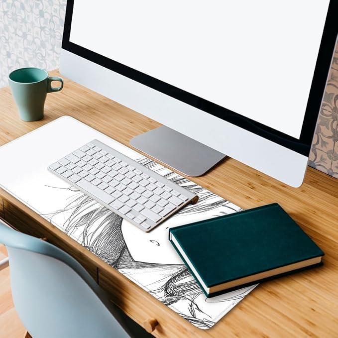 Anime Girl Gaming Mouse Pad Minimal Monochrome Sketch Large Gaming Mouse Mat with Stitched Edges,Non-Slip Waterproof Rubber Base Mous Mat Office Computer Keyboard Laptop 31.5"x11.8"