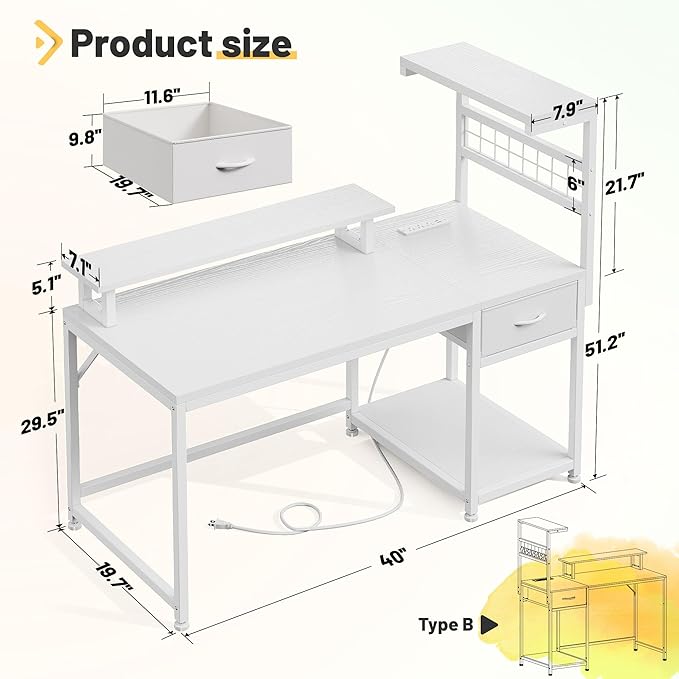EnHomee 40" Computer Desk with Drawer & Storage Shelves, Gaming Desk with Monitor Stand, LED Lights & Power Outlets for Living Room, Study Room, Bedroom, White