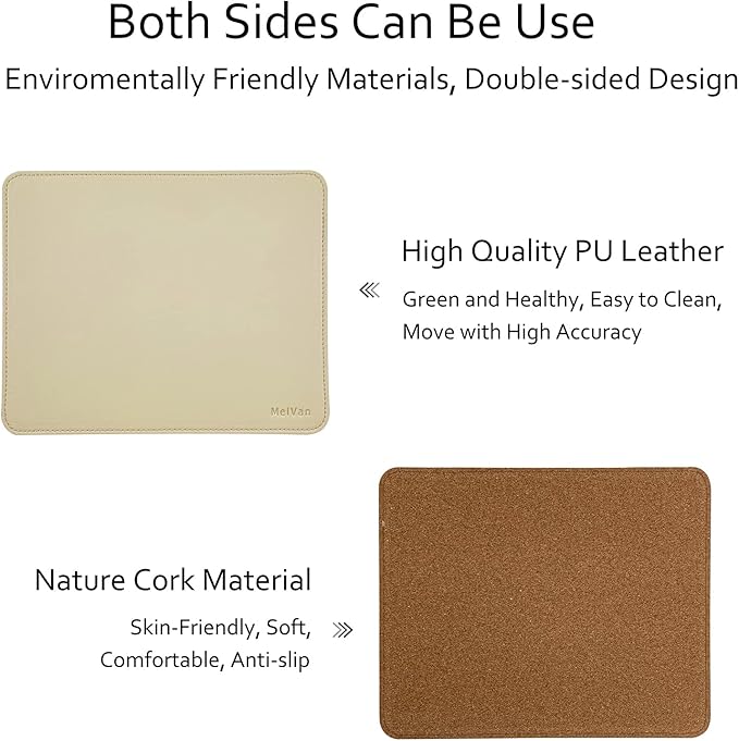 MelVan PU Leather Mouse Pad with Stitched Edge, Wood Mousepad, Waterproof Gaming Mouse Pad Mat for Computers, Laptop, Office & Home, 10.2" x 8.3", 1 Pack (Beige)