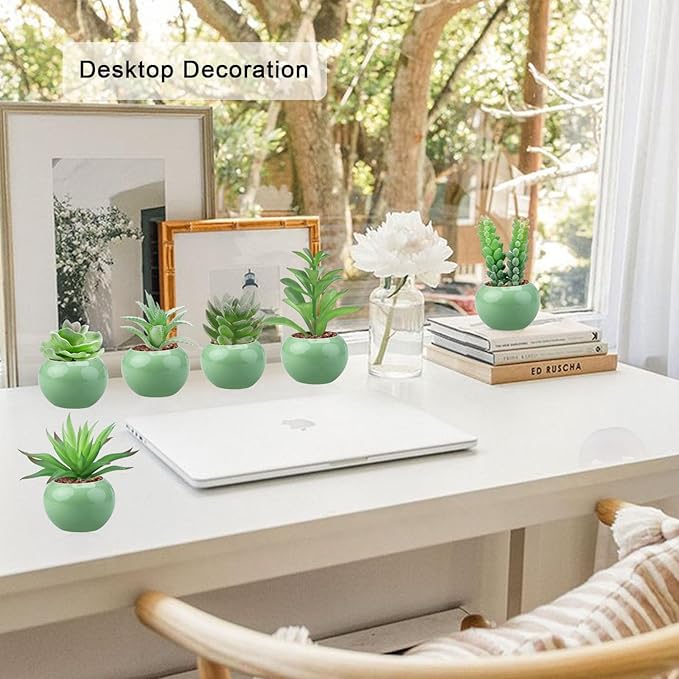 GREENTIME 6 Pcs Small Artificial Succulent Plants Bulk in Ceramic Pots Mini Fake Succulent Plant Faux Indoor Decor Graduation Decorations Bedroom Desk Bathroom Office Living Room Table Shelf