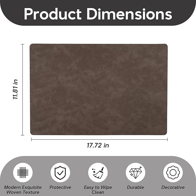 Placemats Set of 4 Reversible Dual-Color Table Placemats, Faux Leather 100% Waterproof Oil-Proof Wipeable Place Mats, Heat Resistant Dual Sided Table Mats for Kitchen/Dining/Party (Dark Brown&Yellow