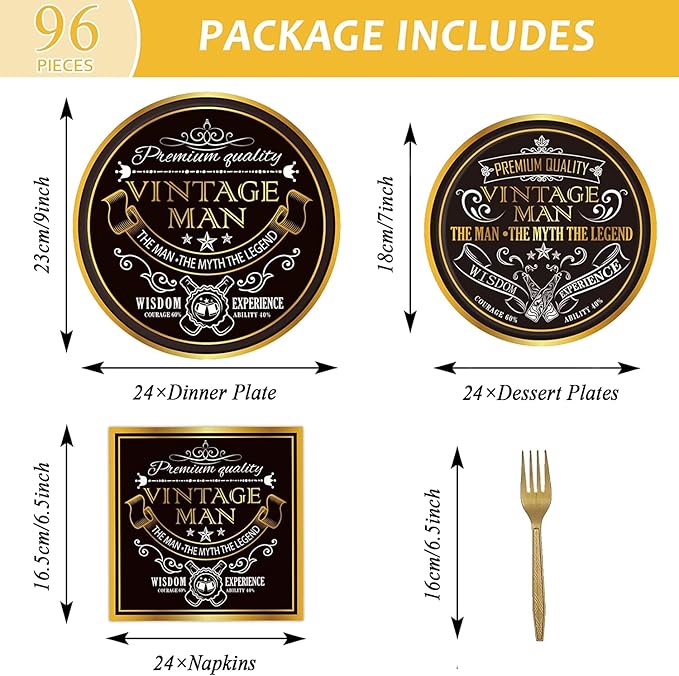 gisgfim Vintage Man Party Supplies Tableware Set for 24 Guests Vintage Man Birthday Party Plates Aged to Party Decorations Includes Plates, Napkins, Tablecloths
