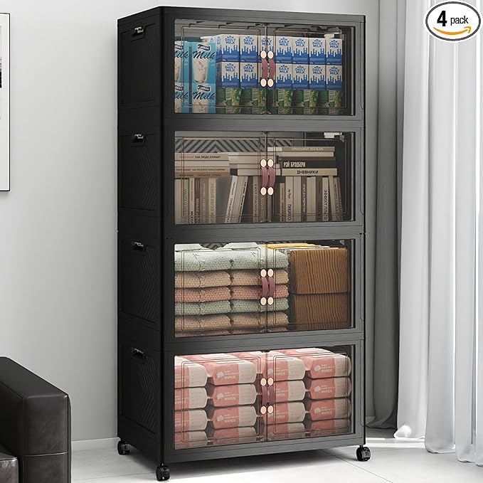 UAMFURI Stackable Storage Bins with Lids, 480QT Closet Organizers, Lockable Storage Cabinet，Foldable Storage Box with Doors and Wheels, Plastic Drawers for Home, Garage, Office (4, Black, Large)