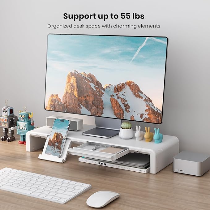Monitor Stand Riser, Klearlook Foldable, Height Adjustable Computer Stand, Desk Shelf Riser with Storage Drawer &Tablet Phone Stand for Desktop, Laptop (White)