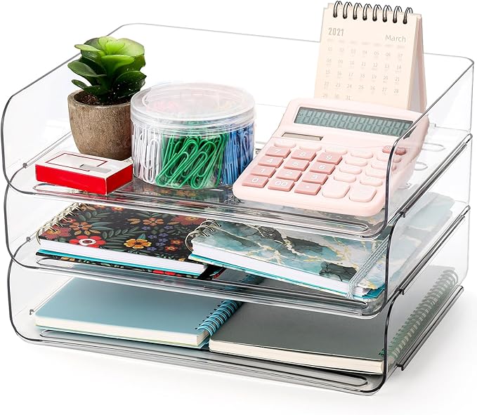 Okllen 3 Pack Stackable Paper Trays, Clear PET Desk Letter Tray Set, 3 Tier File Document Organizer Tray for A4 Paper, Magazine, Receipts, Office Supplies