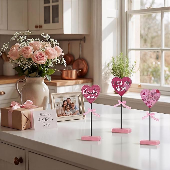 Smile Mother's day Heart - Shaped Mom Wooden Table Decor Set with Pink Bases & Ribbon Accents, Mother's day Indoor Decoration