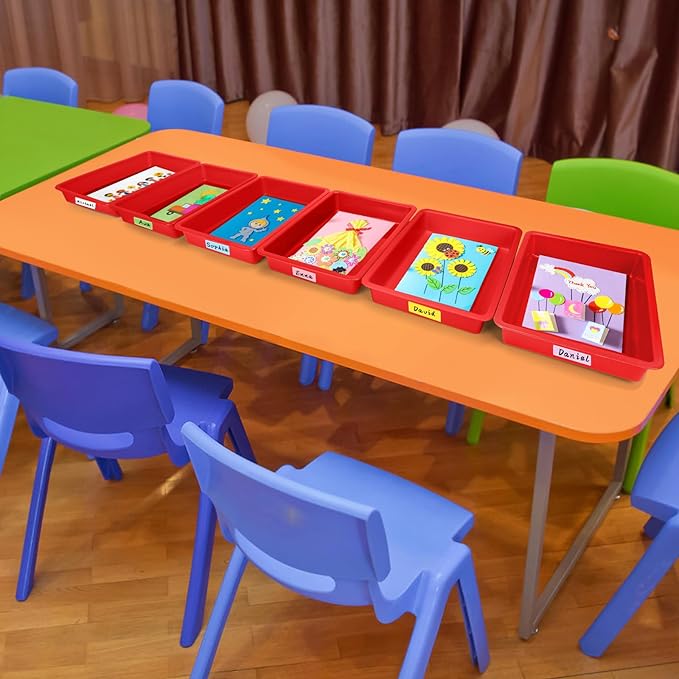 ShineMe 6 Pack Paper Trays for Classroom, Red Plastic Book Bins with Colorful Labels, Stackable Letter Size Storage Tray, Desk Organizer Tray for Home, School and Office