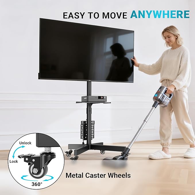 BONTEC Rolling TV Stand with Pegboard Storage for 32–65 Inch TVs, Holds, Height Adjustable Mobile TV Cart on Metal Wheels with Shelf & Cable Management,Holds up to 88 lbs, Max VESA 400x400mm