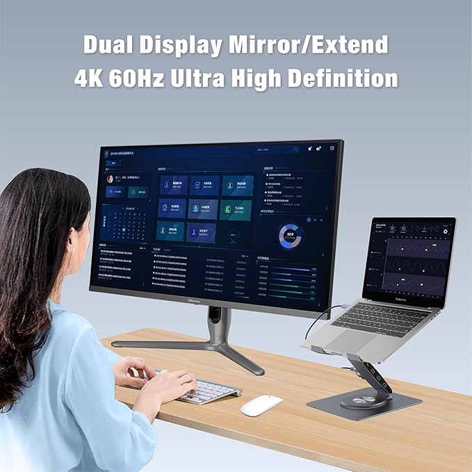 Adjustable Laptop Stand for Desk with Docking Station 9-in-1, Aluminum Laptop Riser with USB Hub, 360° Swivel, Dual Display 4K60Hz HDMI, 3 USB3.0, 100W PD Charging, for MacBook Pro Air/Dell/HP 7-15.6"