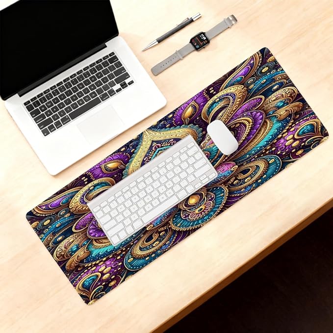 Large Mouse Pad Ethnic Boho Purplw Non-Slip Rubber Long Gaming Desk Mat Big Computer Keyboard Mousepad Waterproof Protector Wristing Pad for Gaming Office Home Decorative 31.5 X 11.8 Inch