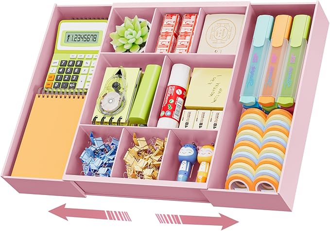 Marbrasse Expandable Desk Drawer Organizer, Clear Plastic Drawer Organizer Tray with 10 Adjustable Compartments, Desk Organizers and Accessories, 5 Drawer Dividers for Office Supplies, Makeup (Pink)