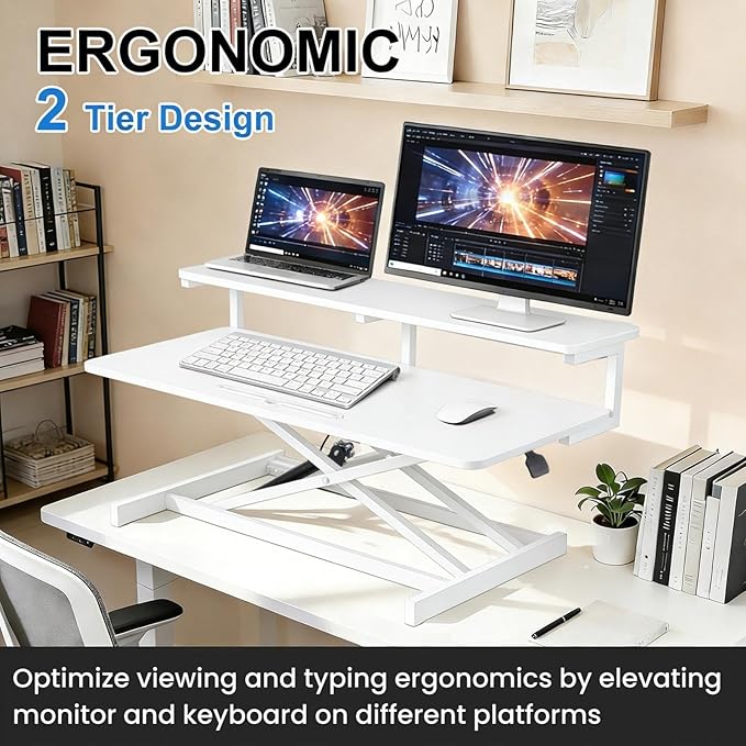 Ergonomic Desk Riser for Standing Height Adjustable Standing Desk Converter 10.2-24.8" 33 Lbs Capacity U-Shapeds Top & Keyboard Tray for Home Office White