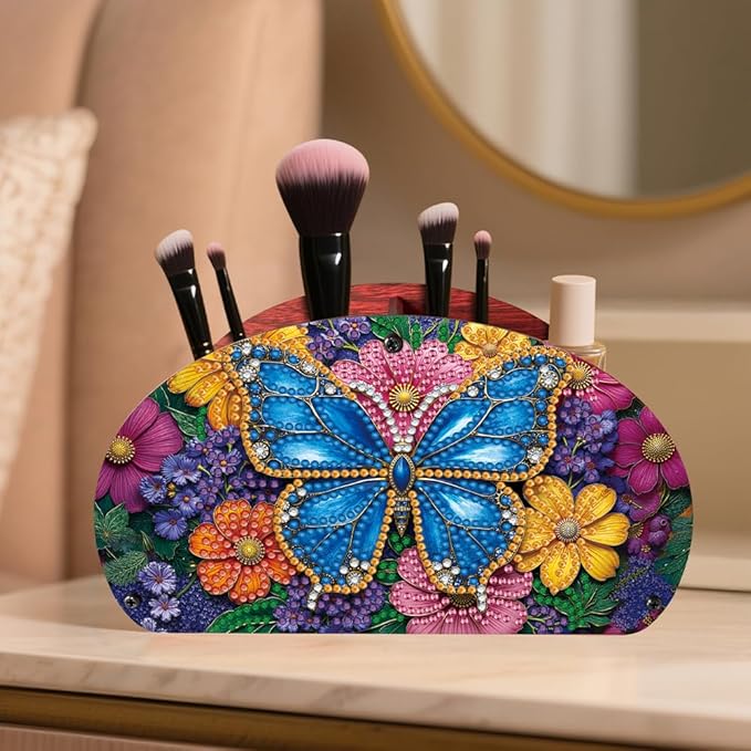 POETRYDRAW DIY Butterfly Diamond Art Painting Wooden Storage Box – Multi-Grid Moon Fan Makeup Brush Organizer, Double-Sided Drill Tabletop Holder for Women, Office & Home Decoration