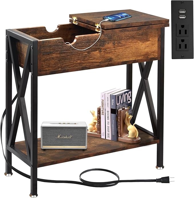TooCust End Tables Living Room with Charging Station, 12" D x 24" W x 24" H, Flip Top Side Table with USB Ports and Outlets, Couch End Tables, Narrow End Table with 5.5" Deep Drawer