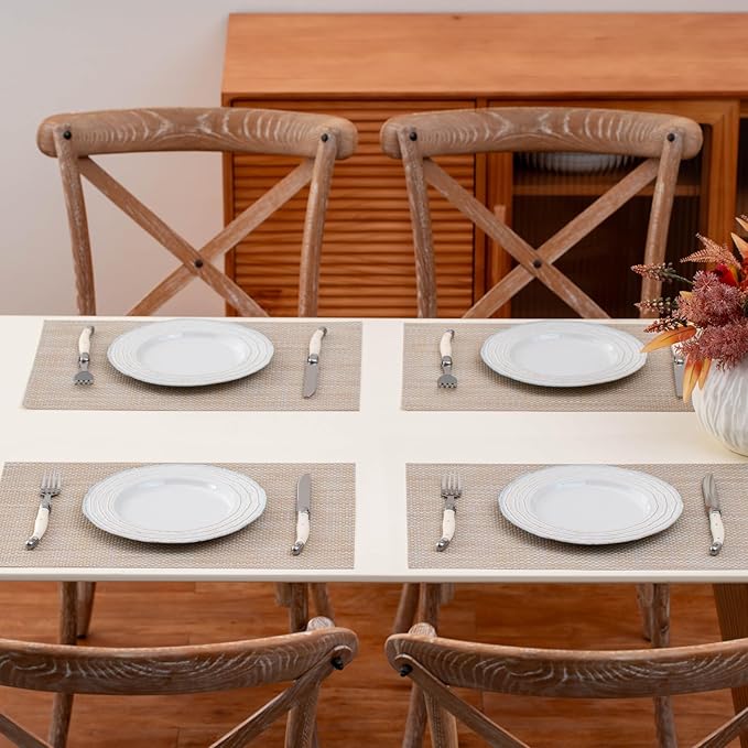 Placemats Set of 4, Heat Resistant Place Mats, Washable PVC Table Mats, Woven Vinyl Plastic Placemats for Dining Table, Non-Slip Stain Resistant Kitchen Table Placemats Easy to Clean?Beige?