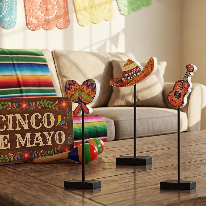 Smile Cinco De Mayo Tabletop Standing Wooden Decor Mexican Fiesta Figures (Sombrero, Guitar, Maraca) with Wooden Base & Sticks for Tiered Tray & Party Display