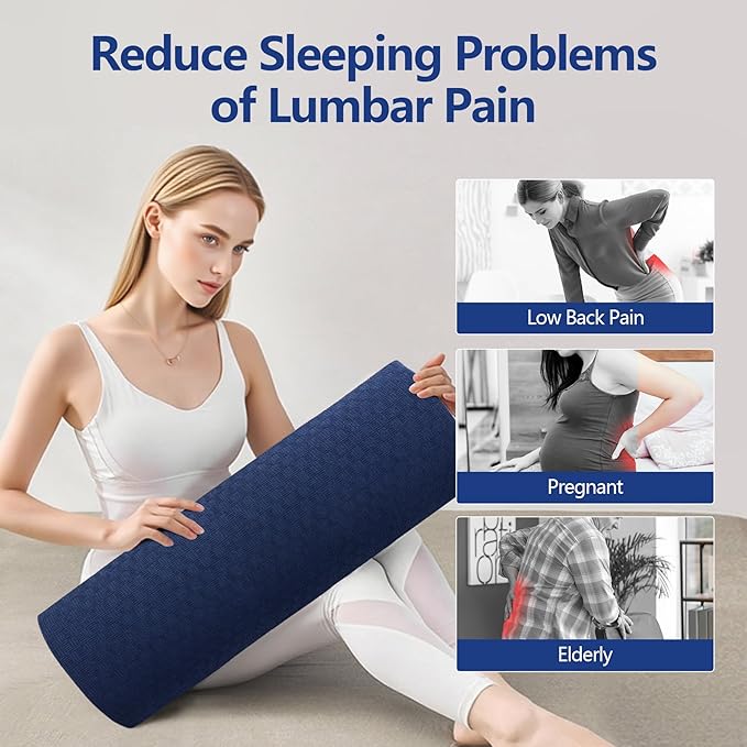 Cozyhealth - 3.15" H*23.6" L - Soft Lumbar Pillow for Sleeping, Memory Foam Back Lumbar Support Cushion for Lower Back Pain Relief Bed Waist Sleep Support Pillow for Side, Back (Dark Blue, Large)